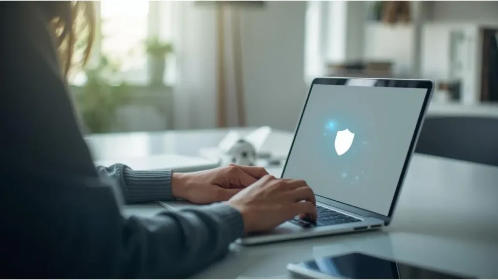 Parent using laptop and smartphone with online privacy concept