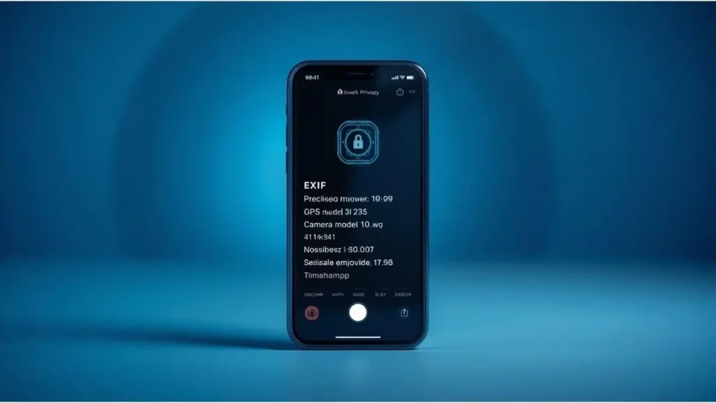 Smartphone displaying photo EXIF metadata including GPS location and camera details