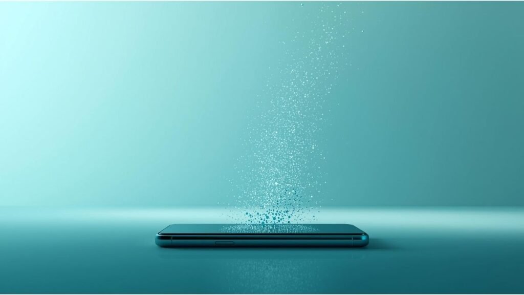 Abstract visualization of invisible metadata particles floating away from a smartphone photo against soft teal background
