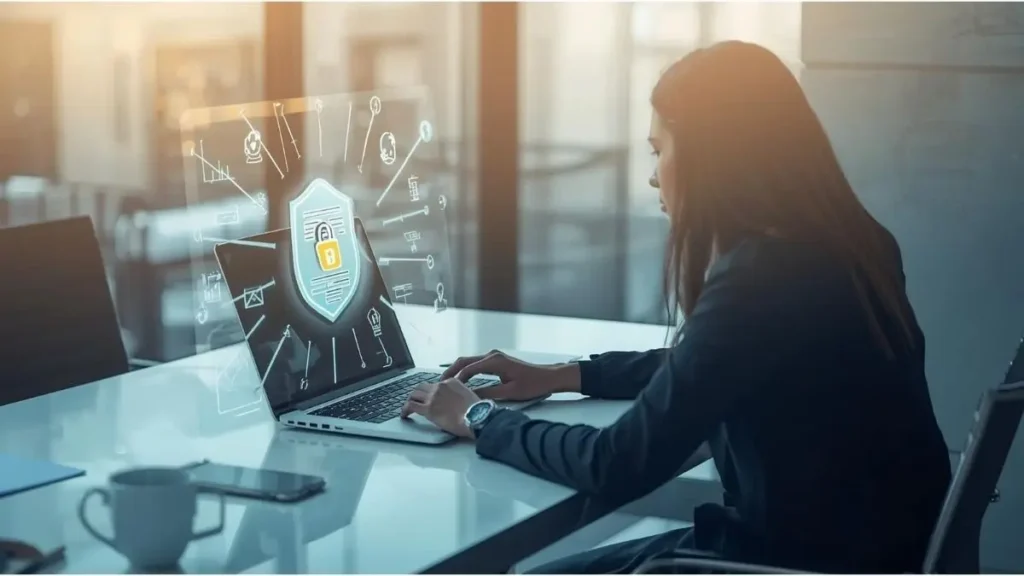 Freelancer reviewing document on laptop with data protection and GDPR awareness concept