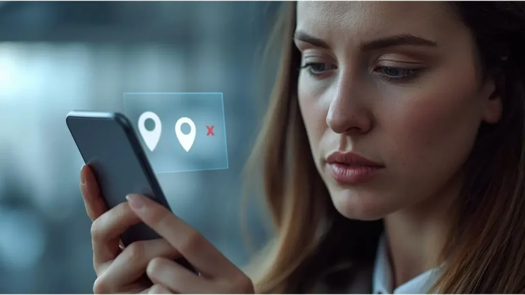 Woman reviewing photo privacy settings on smartphone with location icon crossed out