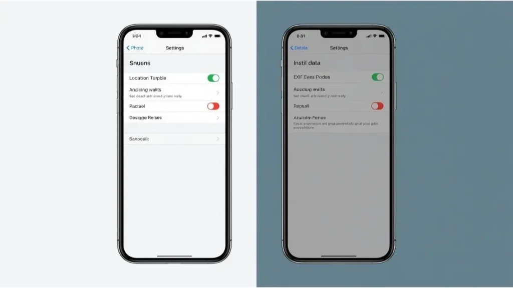Side-by-side screenshot mockups showing iOS location toggle and Android details menu for EXIF removal 