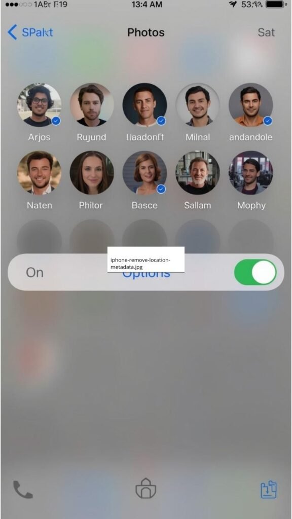 iPhone 15 screen showing Photos app share sheet with Options button and Location toggle switch to remove GPS data before sharing