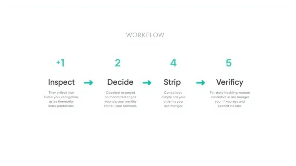 	
Minimalist 4-step workflow diagram for cleaning photo metadata: Inspect, Decide, Strip, Verify with connecting arrows on white background