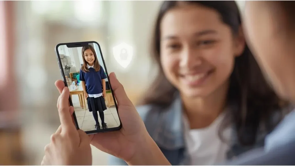 Parent reviewing school photo on smartphone with privacy concept