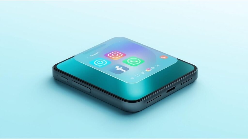 Smartphone showing social media apps with privacy shield protecting photo metadata