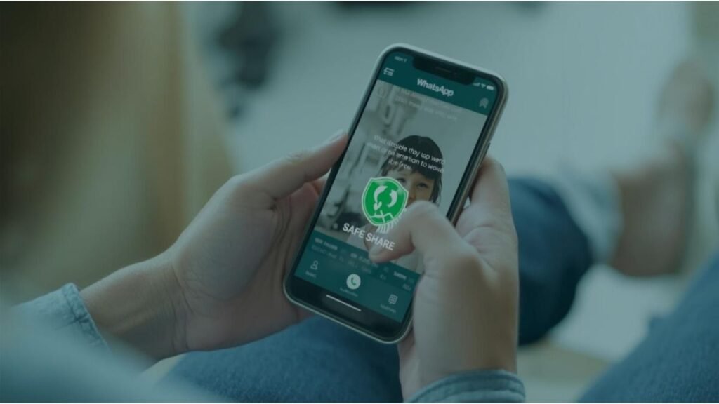 Parent sharing child photo safely on WhatsApp with privacy protection