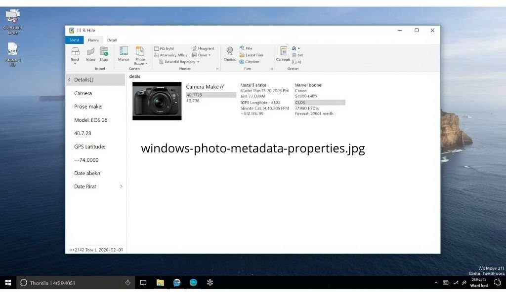 Windows 11 File Explorer Properties window showing Details tab with EXIF metadata fields visible including camera model and GPS coordinates