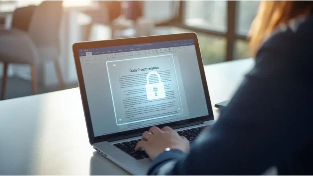 Professional reviewing a Word document with focus on privacy and hidden data